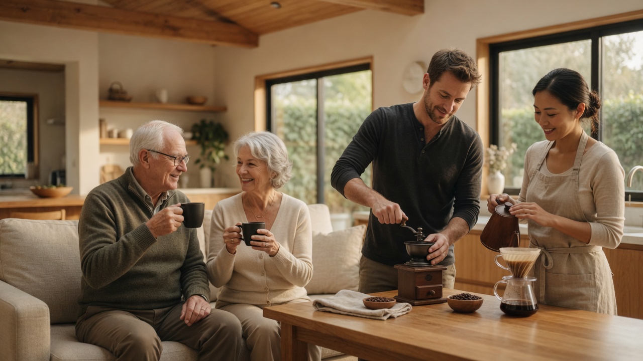 Multi-generational family preparing pour-over coffee together in a warm home kitchen